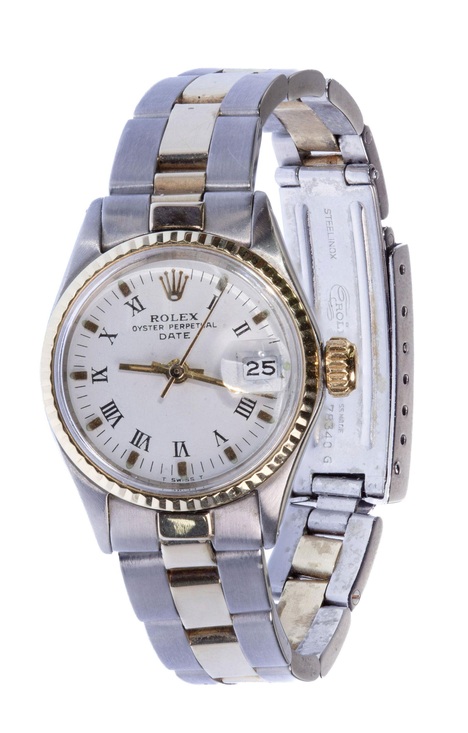 Rolex Oyster Perpetual Date Wristwatch: Rolex Oyster Perpetual Date Wristwatch Serial #2284250, '14k' and stainless case, fluted bezel, white dial, baton hands and black Roman numerals, magnification window for date at 3-o'clock, two-tone o