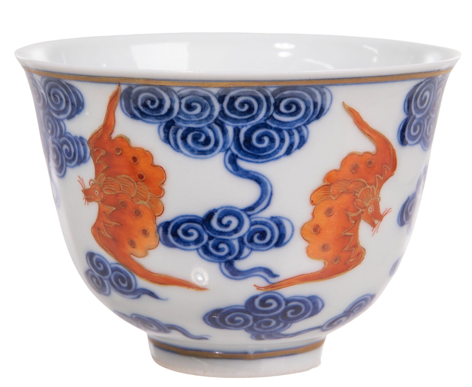 Chinese Blue and White Porcelain Footed Cup: Chinese Blue and White Porcelain Footed Cup Having overglaze iron red bats and underglaze blue clouds to the exterior with gilt detailing to the flared rim, foot and bats, having an underglaze blue 6-