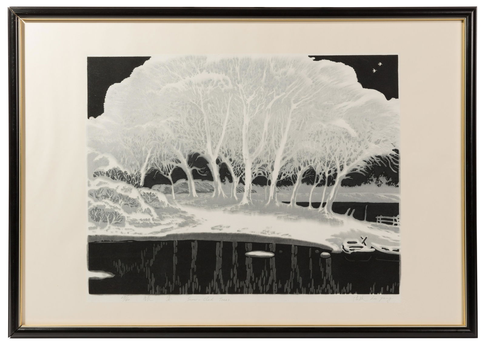 Lu Fang (Chinese, b.1932) "Snow Clad Trees" Woodblock Print (1 of 4)