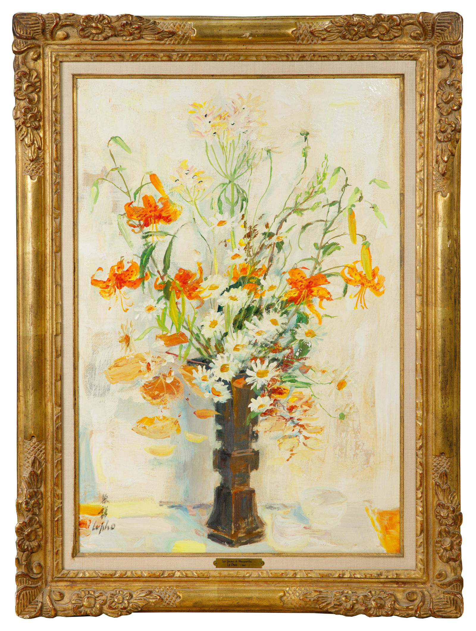 Le Pho (Vietnamese / French, 1907-2001) 'Lys Jaunes Marguerites' Oil on Silk Mounted to Masonite (1 of 7)