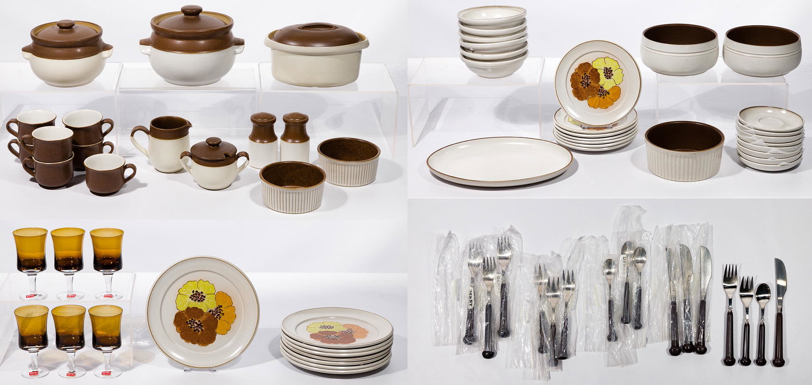 Denby Stoneware, Flatware and Stemware Assortment: Denby Stoneware, Flatware and Stemware Assortment (67) items including (45) stoneware plates, cups and serving pieces, (16) flatware pieces and (6) wine glasses, all marked Property from: an Estate, B