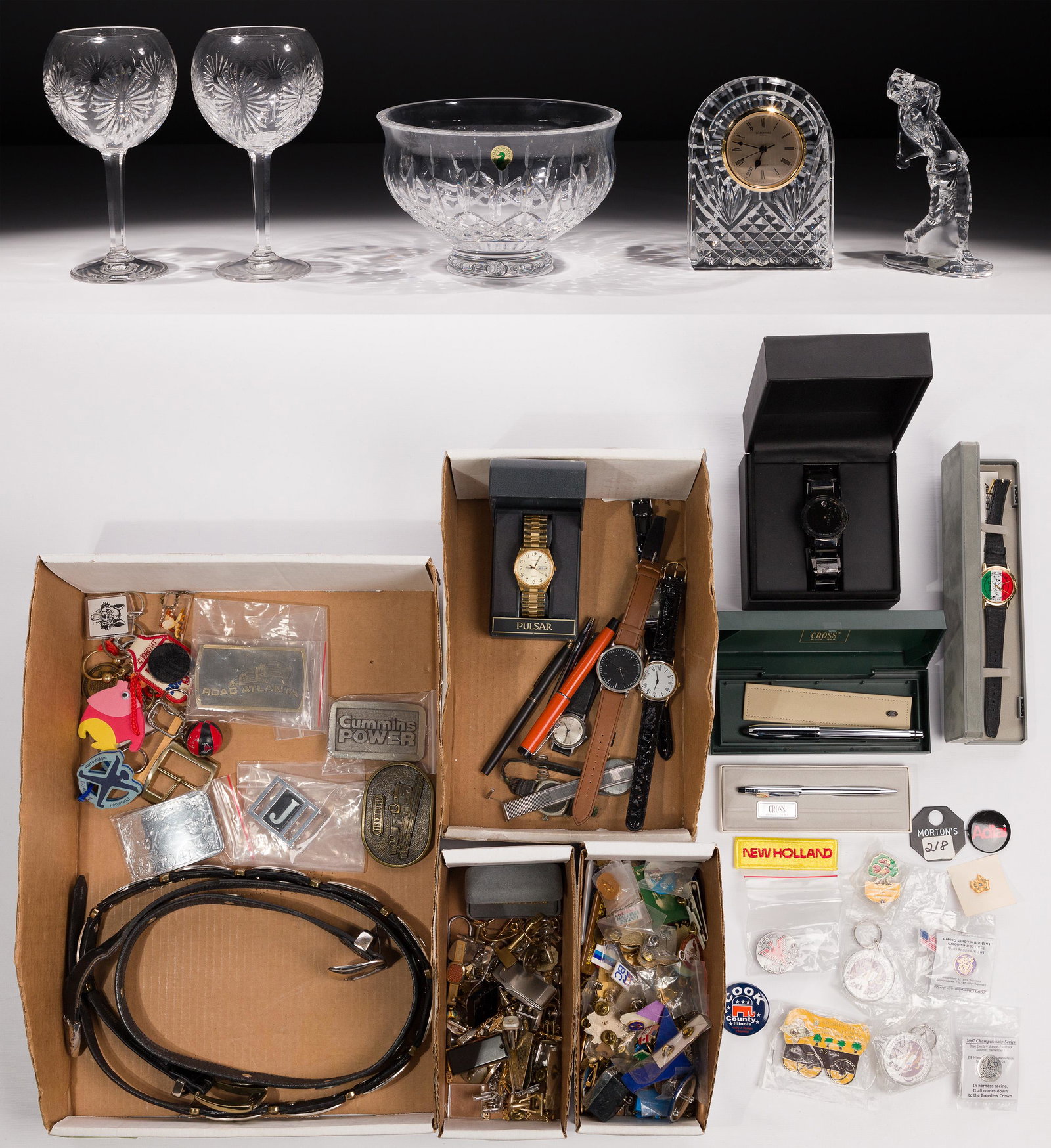 Waterford Decorative Object Assortment: Waterford Decorative Object Assortment (5) items including (2) 'Millennium' wine goblets, a 'Lismore Bowl', a gold-tone face arched clock and a golfing figurine, some retaining original labels, all ac
