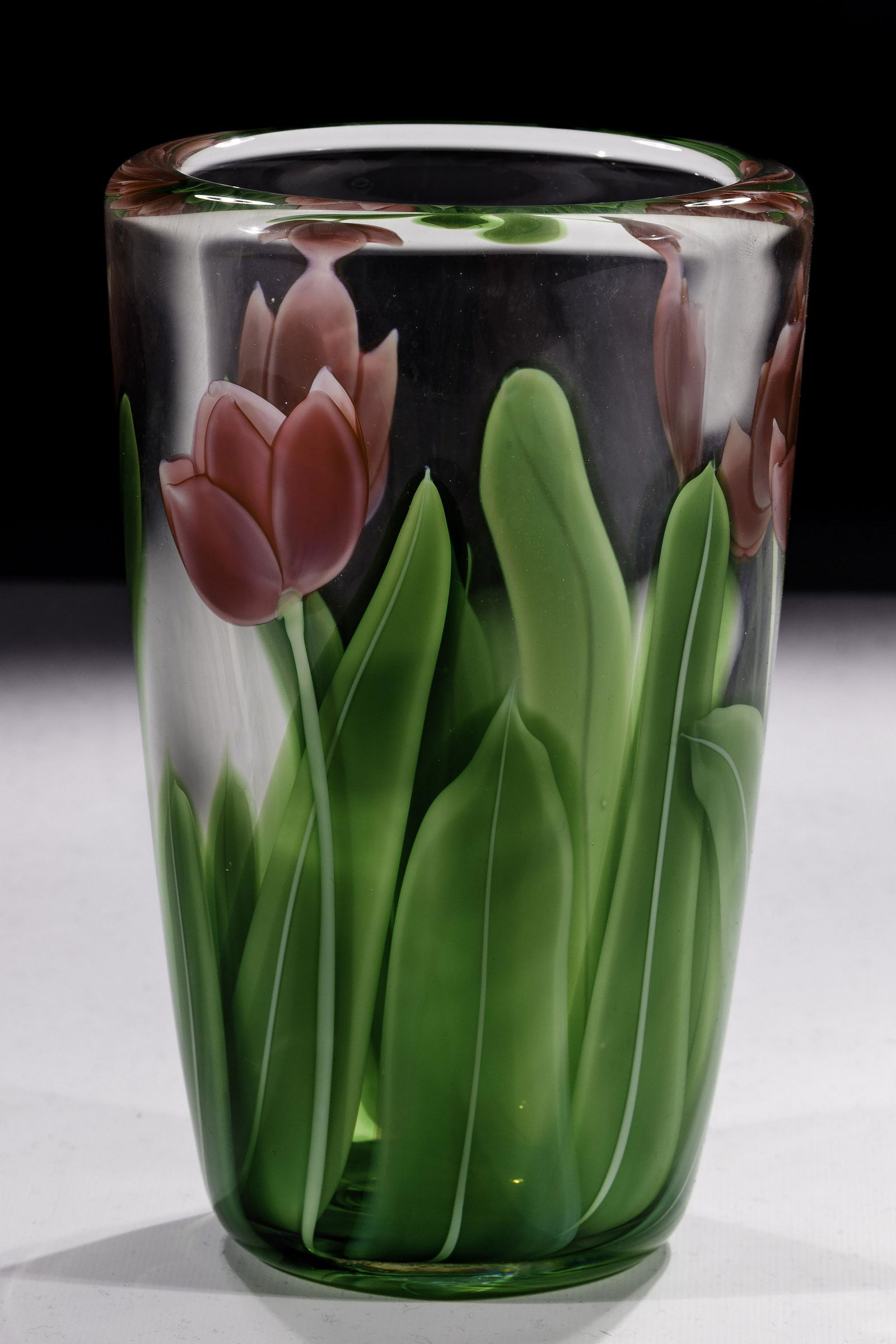 Orient & Flume Art Glass Vase: Orient & Flume Art Glass Vase Signed Sillau #0221V80P0557P on underside, having pink tulip motif Property from: an Estate, Baraboo, Wisconsin Height: 8 inches, Diameter: 5 1/4 inches Condition: Very G