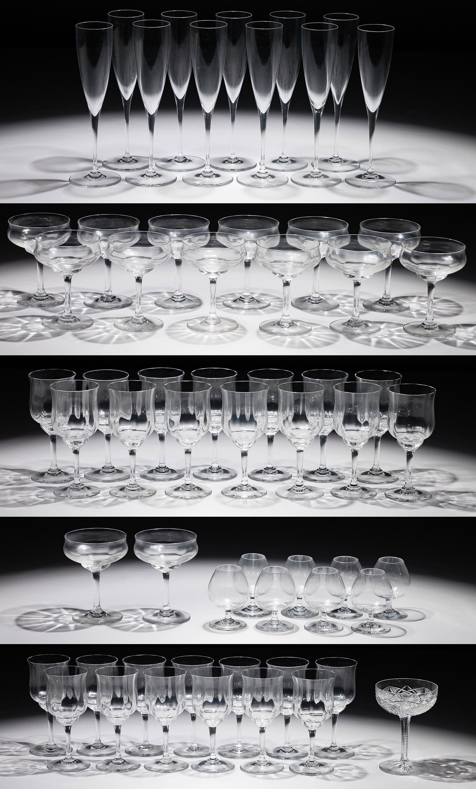 Baccarat Crystal Stemware Assortment: Baccarat Crystal Stemware Assortment (61) items including (41) 'Capri (Optic)' consisting of (13) claret wine, (14) champagne / tall sherbet and (14) water goblet; (19) 'Dom Perigon' consisting of (8)
