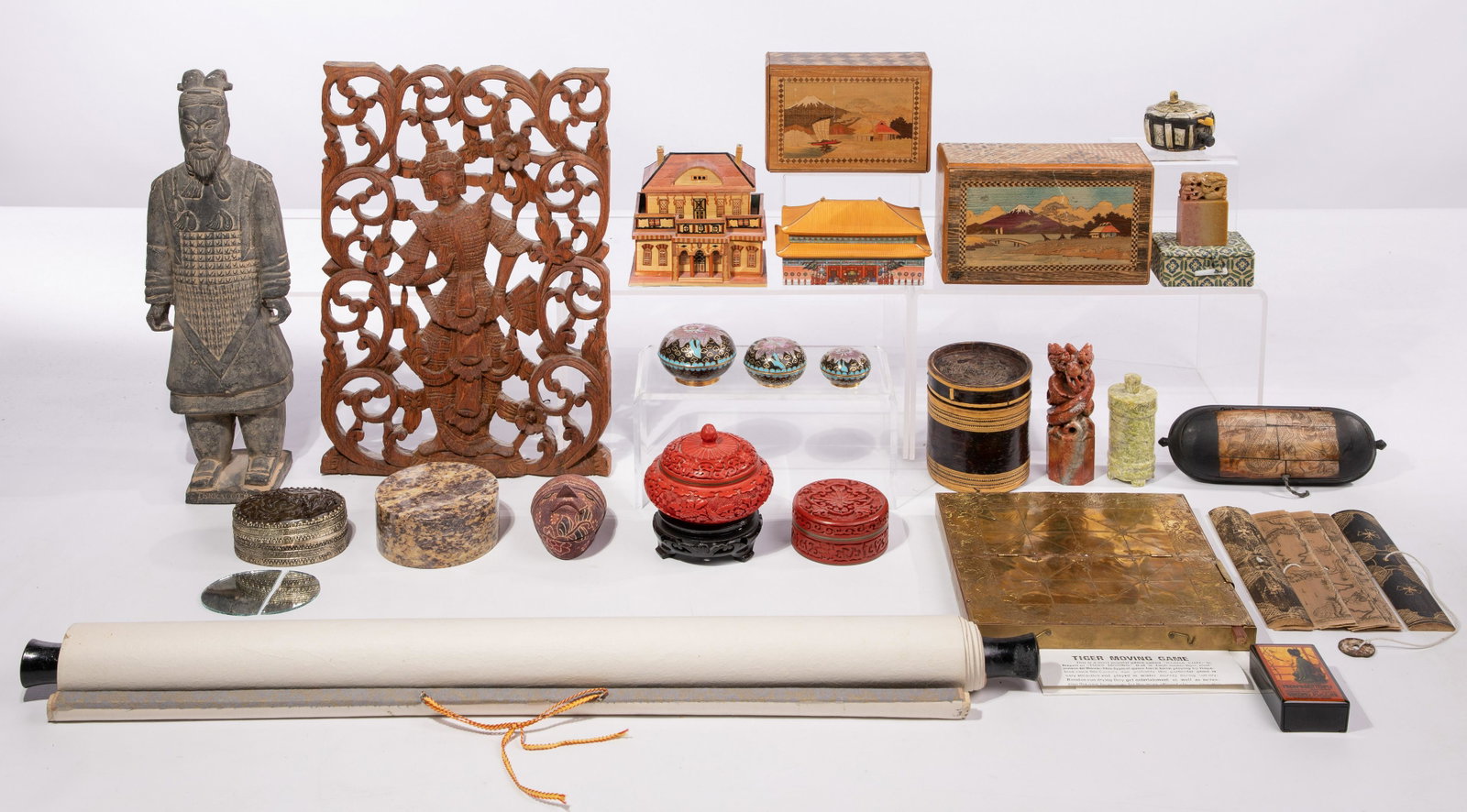 Asian Decorative Object Assortment: Asian Decorative Object Assortment Over (20) items, Southeast Asian including a carved teak panel, an incised 6-page palm leaf book, a brass-clad folding game board containing brass pieces, a lacquere