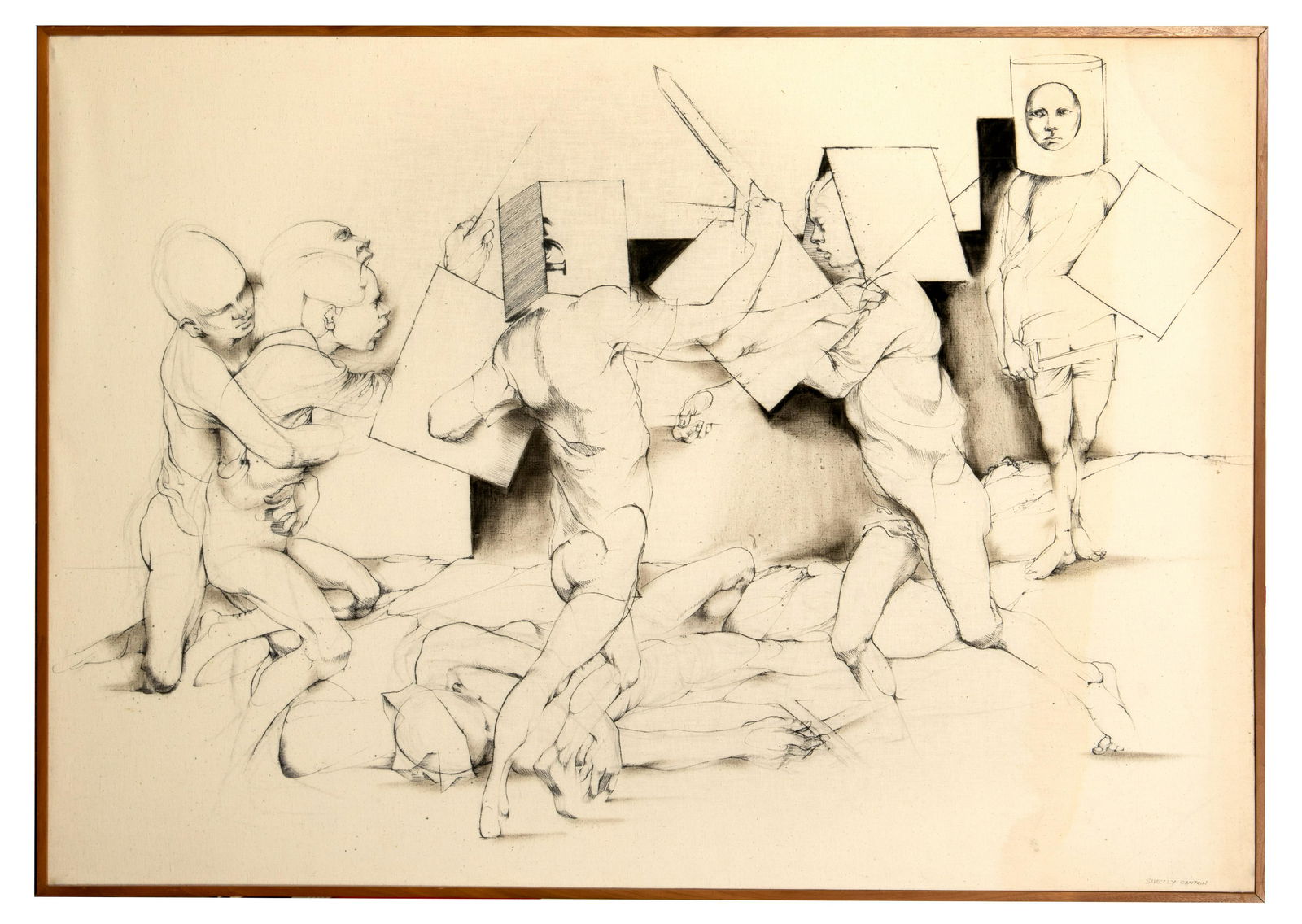 Shelly Canton (American, 1930-1986) Ink on Linen: Shelly Canton (American, 1930-1986) Ink on Linen Undated, signed lower right, depicting figures in a conflict, some holding forms resembling swords and shields, in a natural wood frame Property from: