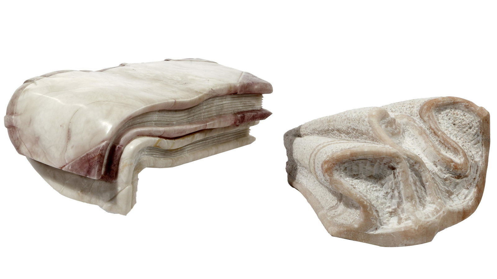 Bob Brower (American, 1927-2022) Marble Sculptures: Bob Brower (American, 1927-2022) Marble Sculptures (2) undated and unsigned items including a depiction of a hanging towel and a depiction of soft books to be displayed sagging over an edge Property f