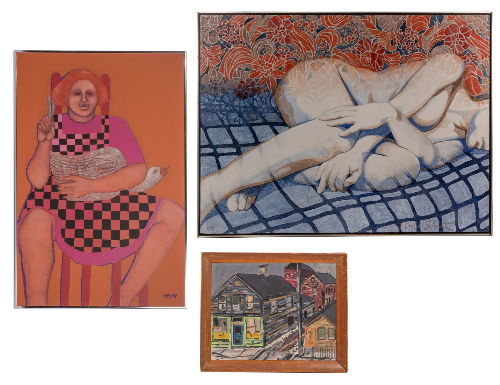 20th Century Oils on Canvas / Canvas Board Assortment: 20th Century Oils on Canvas / Canvas Board Assortment (3) items including a Leslie Trewyn (American, 1941-2017) oil on canvas, undated, signed lower right, abstracted depiction of female figure plucki