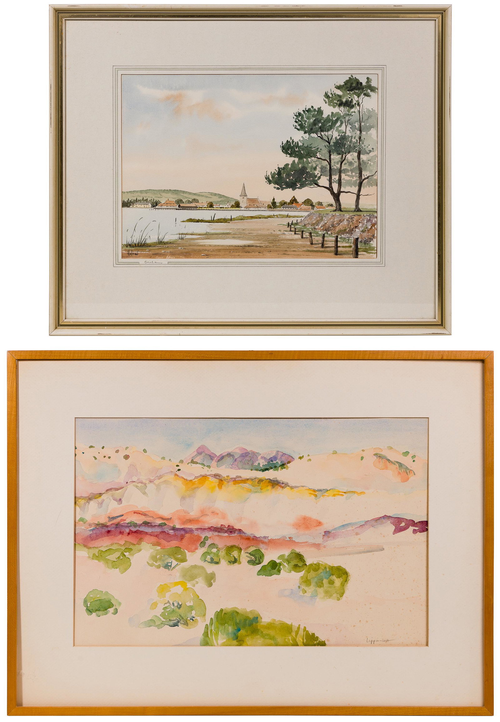 David Holmes and Caroline Lippincott Watercolors: David Holmes and Caroline Lippincott Watercolors (2) items including David Holmes (Canadian, 1936-1994), titled 'Bosham' lower left, depicting the English village, having dated 1983 informational labe