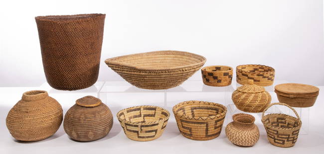 Native American Indian Basket Assortment: Native American Indian Basket Assortment (12) items including a Havasupai Apache twined storage, Tohono O'odham / Papago coiled comprising (5) bowls including a utilitarian, a lidded globular, a handl