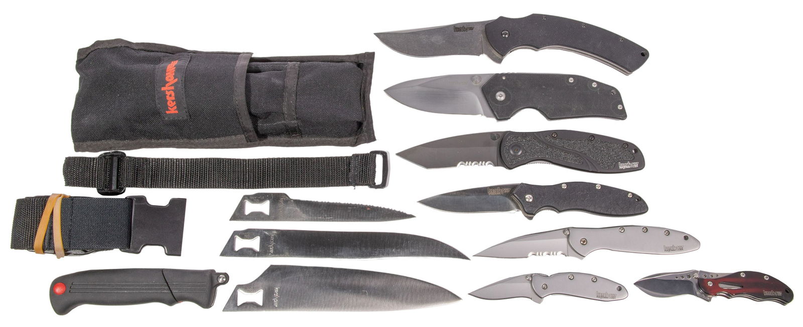Kershaw Kai Knife Assortment: Kershaw Kai Knife Assortment (8) items including 3-blade trader knife set in fabric case having straps and folding knives, all marked Property from: a Private Collector, Chicago, Illinois Length: 9 1/