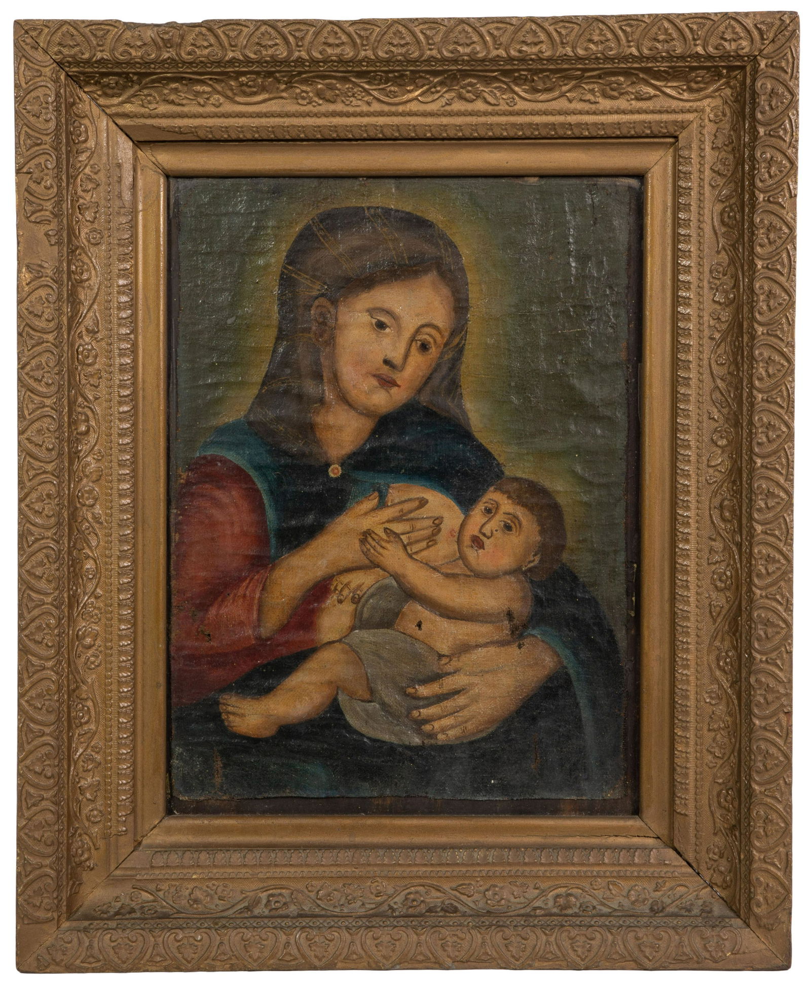 Continental School (18th / 19th Century) Oil on Canvas Laid to Board: Continental School (18th / 19th Century) Oil on Canvas Laid to Board Undated, unsigned, depicting the Madonna and Child, under glass in a gesso frame Property from: a private estate from Chicago, Illi