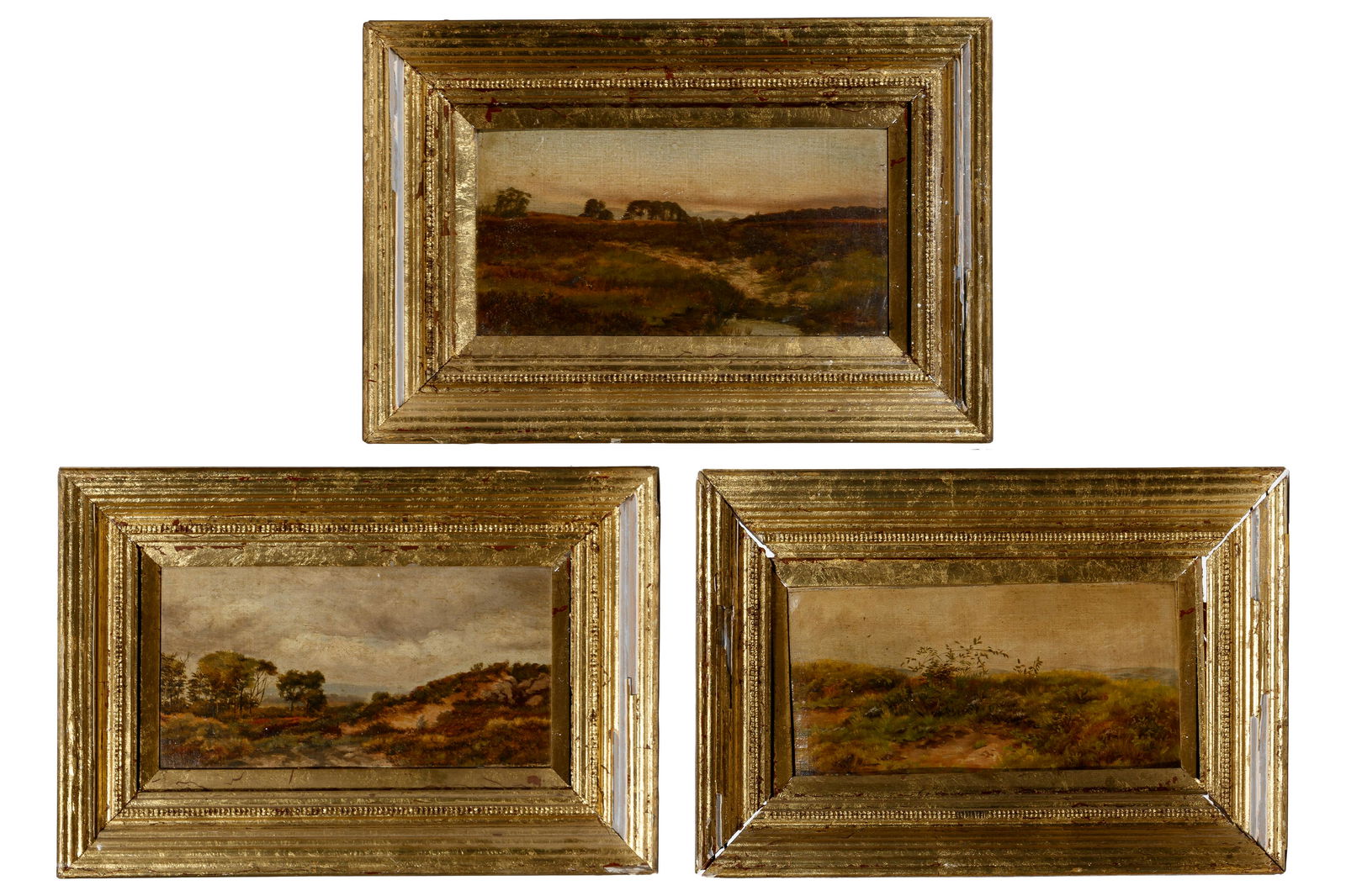 Continental School (19th Century) Oils on Canvas on Board: Continental School (19th Century) Oils on Canvas on Board Suite of (3) undated and unsigned landscapes uniformly framed in gold painted gesso on wood Property from: a private collector from Riverside,
