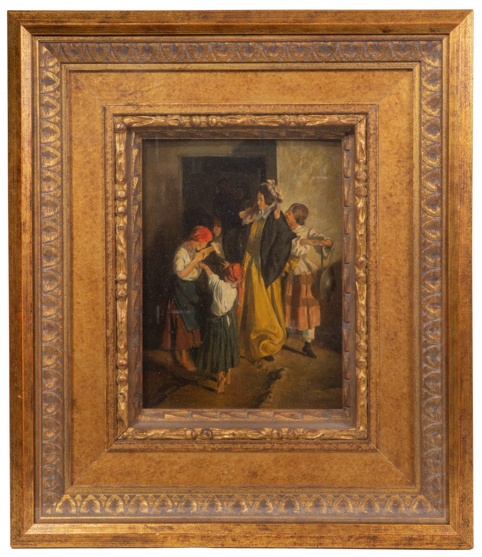 After Ferdinand Georg Waldmuller (Austrian, 1793-1865) 'After Confirmation' Mounted Oil on Canvas: After Ferdinand Georg Waldmuller (Austrian, 1793-1865) 'After Confirmation' Mounted Oil on Canvas Undated, reproduction of iconic Biedermeier Realism school 'The Departure of the Godmother' genre scen