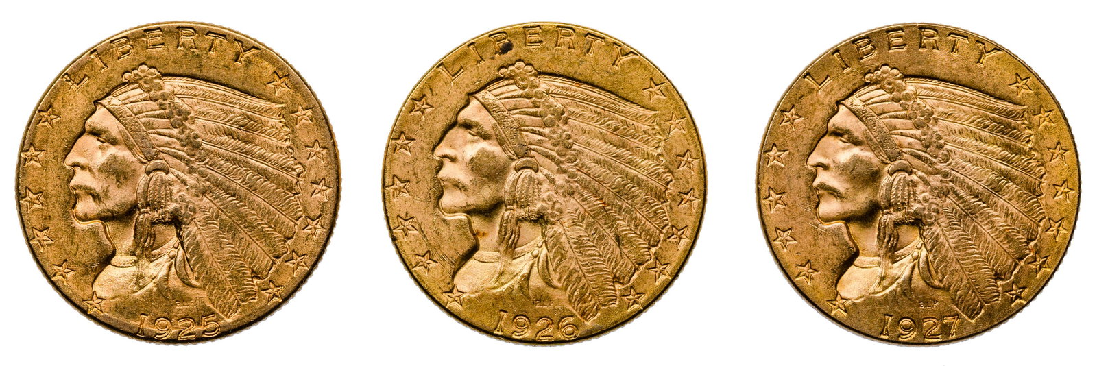 1925-D, 1926 and 1927 $2 1/2 Gold: 1925-D, 1926 and 1927 $2 1/2 Gold Property from: an Estate; Oakbrook, Illinois Category: US Gold > Indian $2 1/2 Gold Estimated Sale Time: 12:03 pm CST Shipping Status: