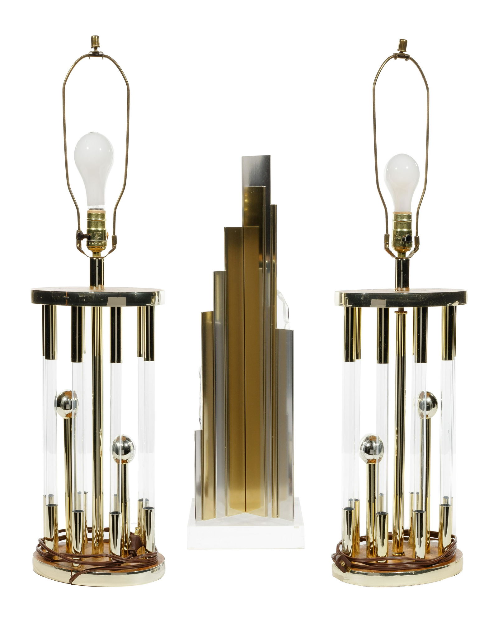 Dan Murphy Lucite and Metal Sculpture: Dan Murphy Lucite and Metal Sculpture 1997, inscribed on bottom edge of metal, #17/80, abstract sculpture having linear silver and brass-tone anodized aluminum and chisel edge Lucite base; together wi