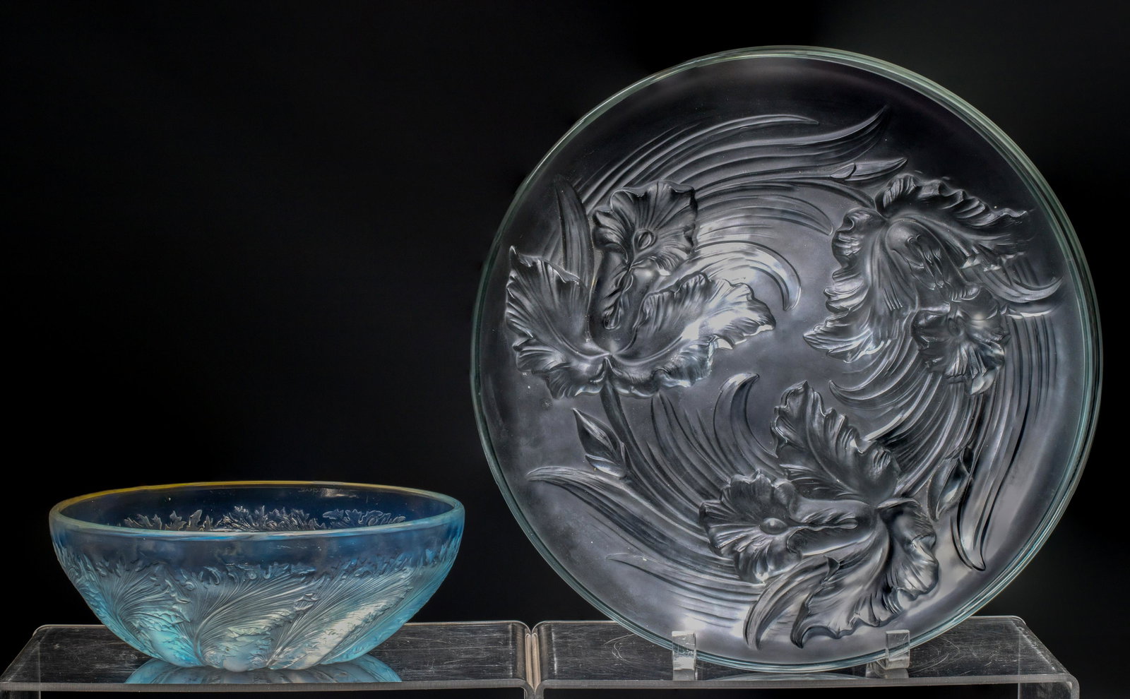 R. Lalique for Verrerie d'Alsace 'Chicoree' Bowl: R. Lalique for Verrerie d'Alsace 'Chicoree' Bowl Pressed glass having opalescence leaves, etch signed upper edge and block marked VDA to center; together with a Verlys 'Orchid' frosted art glass platt