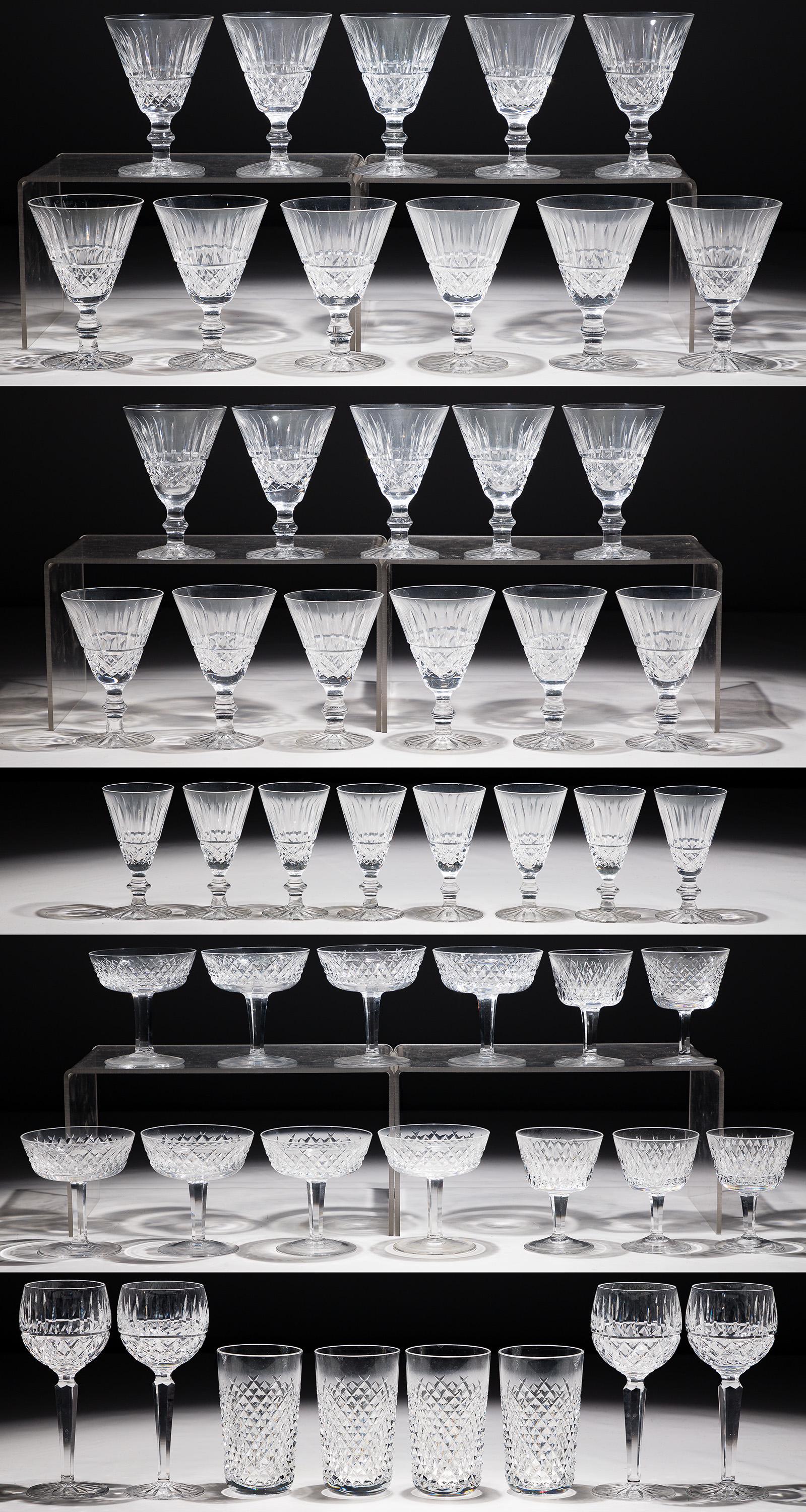 Waterford Crystal Stemware Assortment: Waterford Crystal Stemware Assortment (48) items including in 'Tramore' (11) water goblets, (3) hock wine, (11) claret wine, (6) cordials and in 'Alana' (8) champagne coups, (6) stemmed cocktail and (