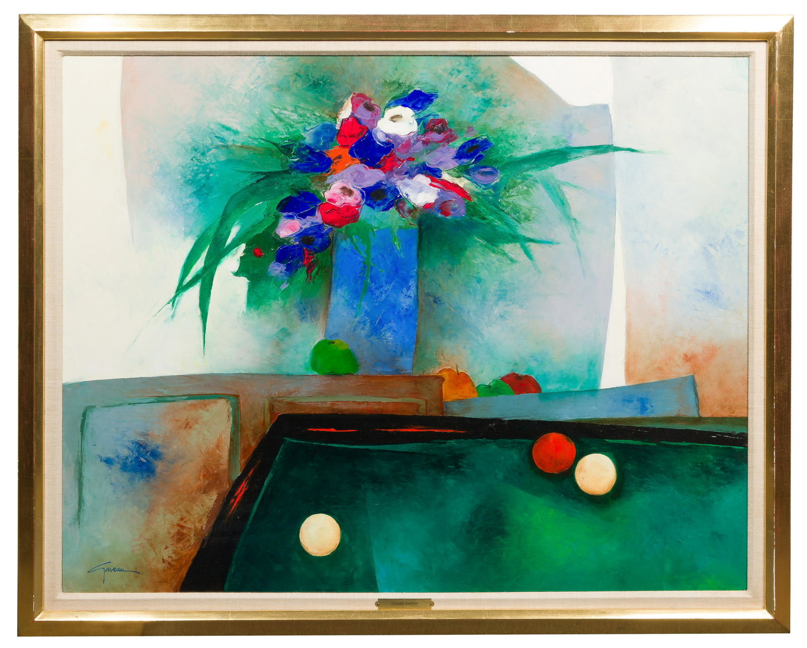 Claude Gaveau (French, b.1940) Oil on Canvas: Claude Gaveau (French, b.1940) Oil on Canvas Undated, signed lower left, depicting a billiard table and vase of flowers, in a gold-tone frame Property from: Private Collector, Algonquin, IL Height: 28