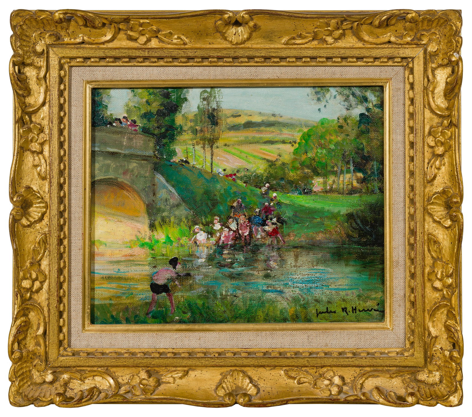 Jules R. Herve (French, 1887-1981) Oil on Linen: Jules R. Herve (French, 1887-1981) Oil on Linen Undated, signed lower right and verso, depicting a group of figures by a stream, in a gold-tone frame Property from: an Estate, Glenview, Illinois Heigh