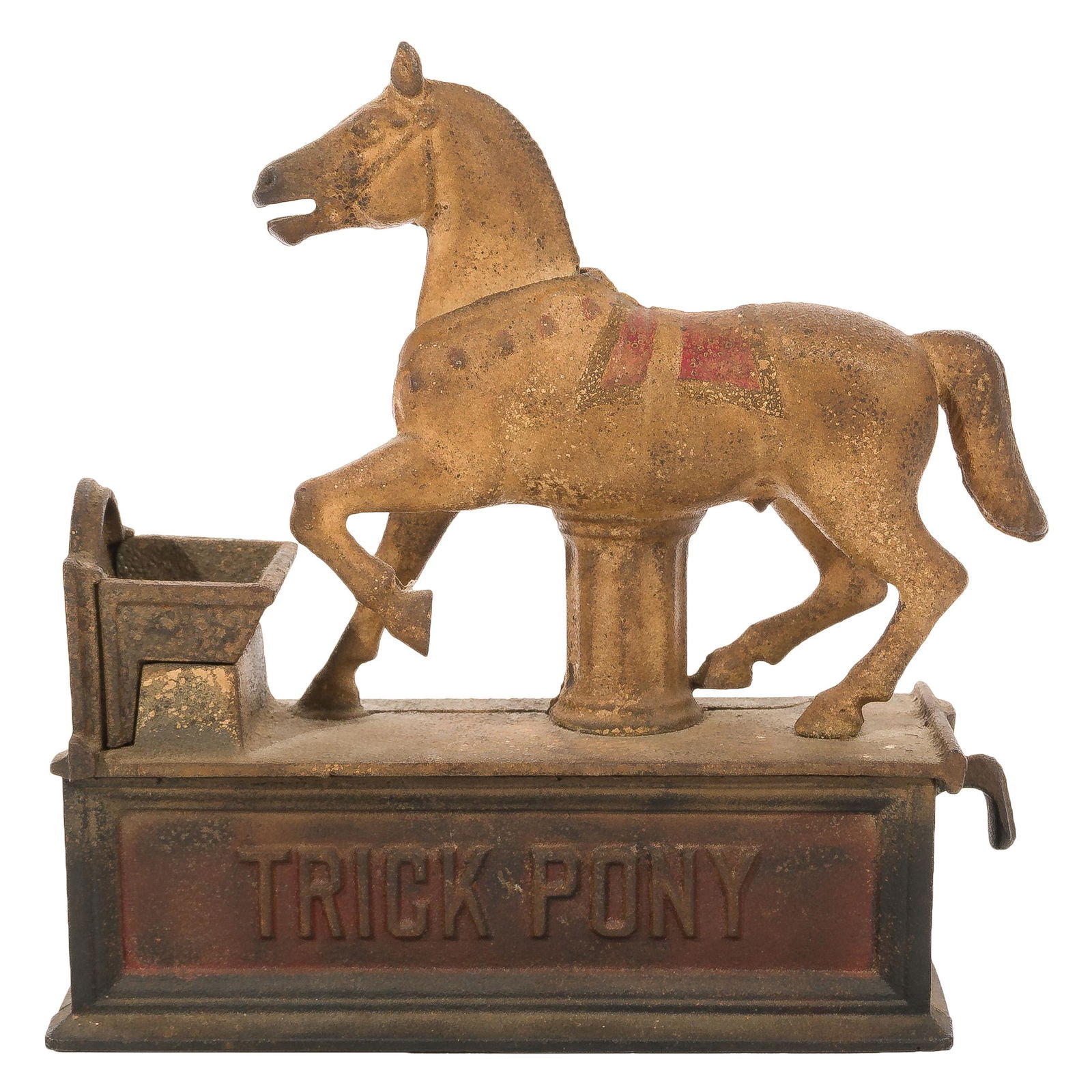 "Trick Pony" Mechanical Bank: 'Trick Pony' Mechanical Bank Painted cast iron horse on base having a pull activating coin drop from horse's mouth to trough Property from: an Estate, Chicago, Illinois Height: 7 5/8 inches, Width: 7