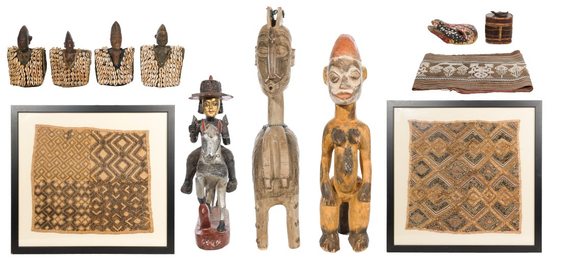 Ethnographic Object Assortment: Ethnographic Object Assortment (12) items including a painted carved wood Burmese 'nat' equestrian sculpture, an African Baga 'nimba' mask having metal attachments, (4) African Yoruba carved wood 'ibe