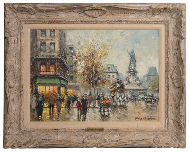 Antoine Blanchard (French, 1910-1988) Oil on Canvas: Antoine Blanchard (French, 1910-1988) Oil on Canvas Undated, signed lower right, depicting the Place de la Republique in Paris, linen lined white-washed gilt gesso on carved wood frame having a brass