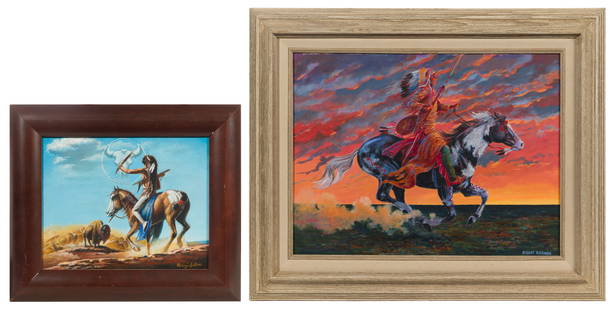 Parker Boyiddle (American, b.1947) 'Buffalo Hunt' Oil on Canvas: Parker Boyiddle (American, b.1947) 'Buffalo Hunt' Oil on Canvas Undated, signed lower right and verso depicting a hunting scene; together with a Robert Freeman (Luiseno, b.1939) oil on board undated,