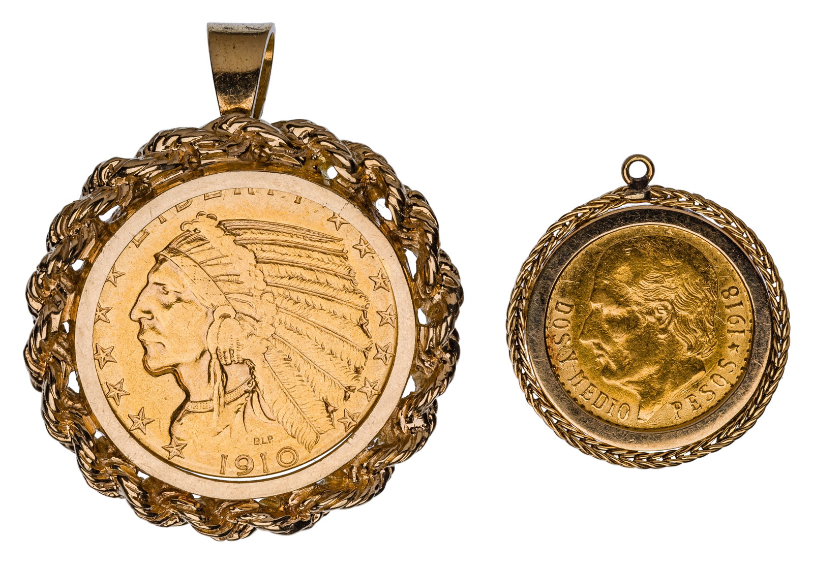 Gold Coin Pendants: Gold Coin Pendants (2) items including a 1911 $5 Indian Head and a 1918 Mexican Peso, both in bezel settings Property from: an Estate, St. Louis, Missouri Diameter: 1 inches (largest) Weight: 11.07 dw