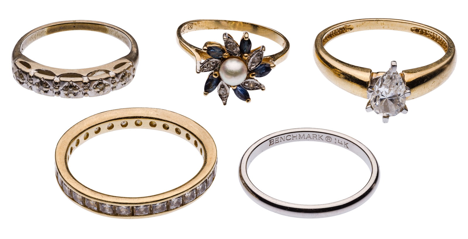 14k Ring Assortment: 14k Ring Assortment (5) rings including an eternity band having princess cut cubic zirconia, a solitaire having pear cut cubic zirconia, a pearl adorned with marquise cut sapphires with round cut diam