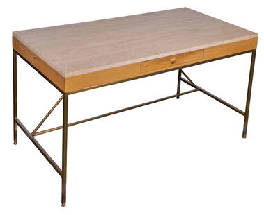 Paul McCobb for Calvin Furniture 'The Irwin Collection' Writing Desk: Paul McCobb for Calvin Furniture 'The Irwin Collection' Writing Desk Having a travertine top, single drawer and pull-out writing slides on either side, brass legs and pulls, retaining label inside dra