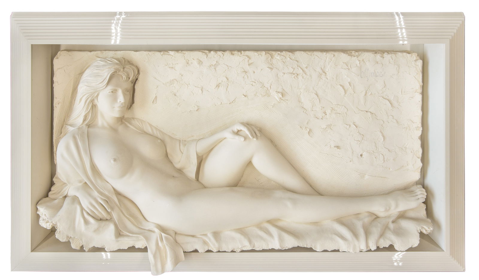 Bill Mack (American, b.1944) 'Fascinatino' Bonded Sand Alto-Relief Sculpture: Bill Mack (American, b.1944) 'Fascinatino' Bonded Sand Alto-Relief Sculpture Undated, signed upper right, #93/140, depicting a nude figure, in an ivory tone composite and lacquered step wood frame Pro