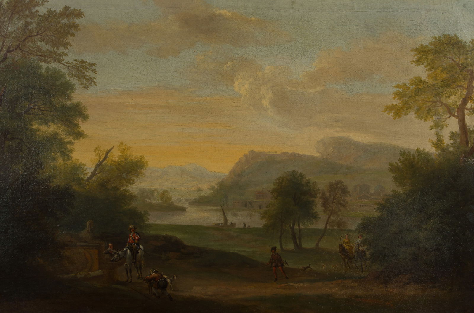 Attributed to Francesco Zuccarelli (Italian, 1702-1788) 'Idyll' Oil on Canvas: Attributed to Francesco Zuccarelli (Italian, 1702-1788) 'Idyll' Oil on Canvas Undated and unsigned, depicting a landscape having a falconing party, in a gold-tone carved wood frame having a brass info