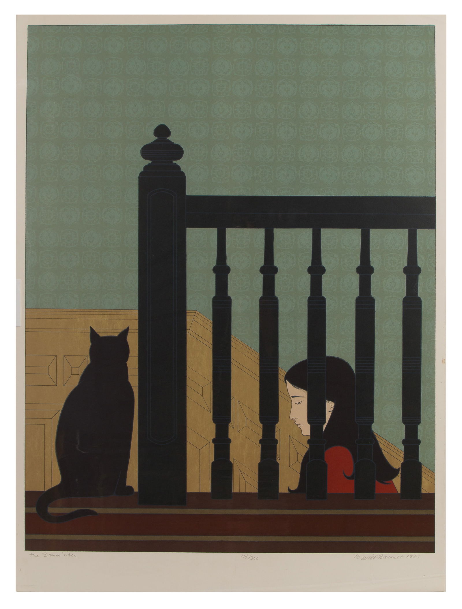 Will Barnet (American, 1911-2012) 'The Banister' Lithograph: Will Barnet (American, 1911-2012) 'The Banister' Lithograph 1981, pencil signed lower right, #114/300 lower center and titled lower left, depicting an ascending figure and a black cat, unframed Proper