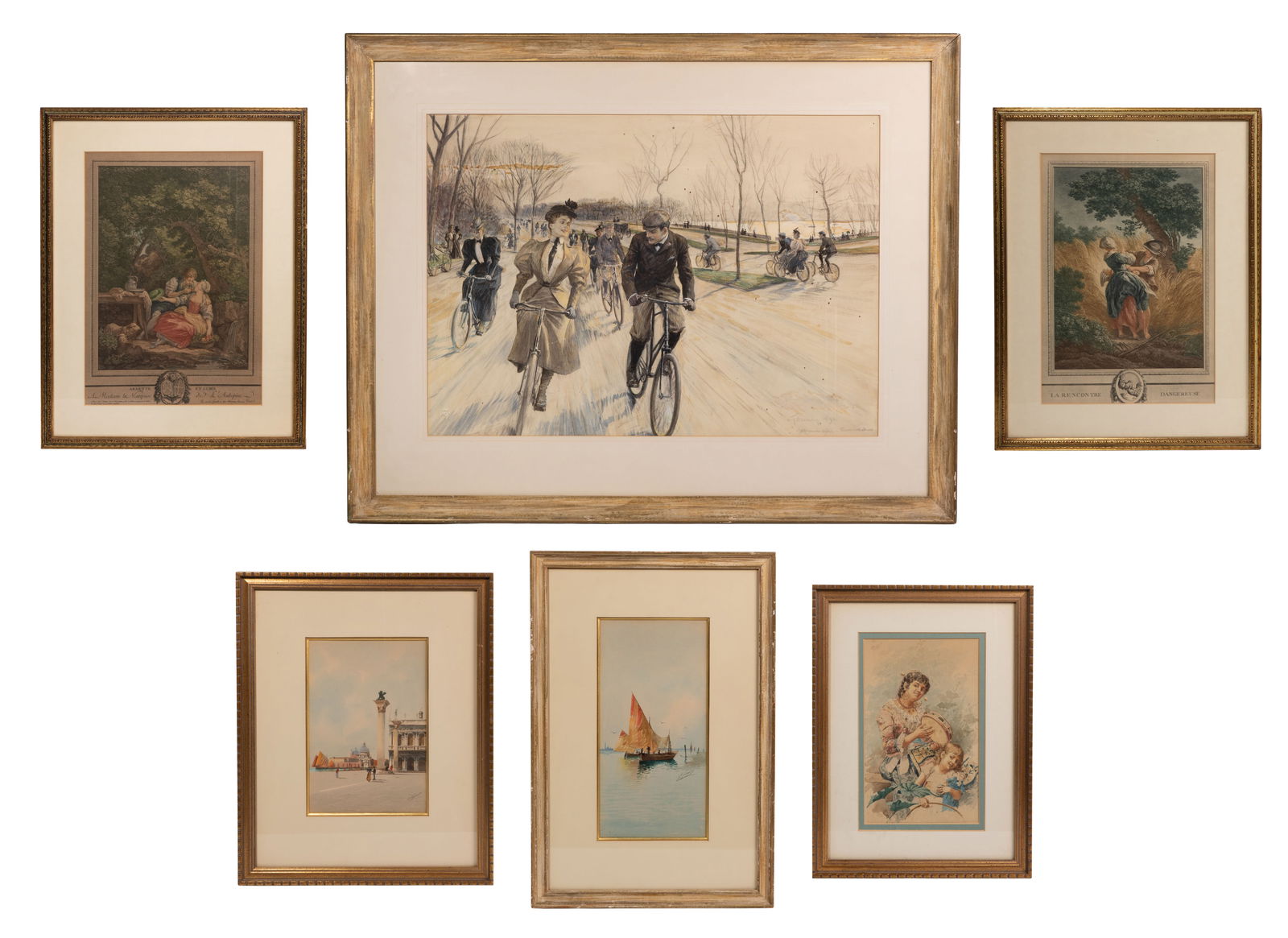 Unknown Artist (19th Century) 'Afternoon Spin - Riverside Park' Watercolor on Paper (1 of 6)