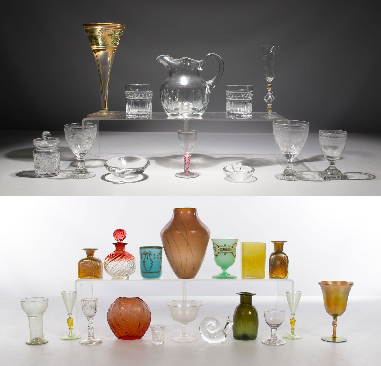 Art Glass Assortment: Art Glass Assortment (30) items including a Lalique amber 'Filicaria' pillow vase (etch signed), Steuben Aurene 2163 wine glass and ashtrays (signed), a St. Louis pitcher, a Waterford honey pot, as we