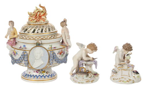 Meissen Cherub Figurines and Potpourri Vase: Meissen Cherub Figurines and Potpourri Vase (3) items including from 19th century 'Labors of Cupid' collection #0166 and #0167 figurines, double sword mark on undersides, and a late 18th century potpo