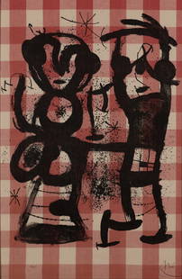 Joan Miro (Spanish, 1893-1983) 'The Rustics' Lithograph on Gingham Fabric: Joan Miro (Spanish, 1893-1983) 'The Rustics' Lithograph on Gingham Fabric 1969, signed lower right, #29/75 lower left, depicting two abstract figures on check cloth, in a matte black gold / silver-ton