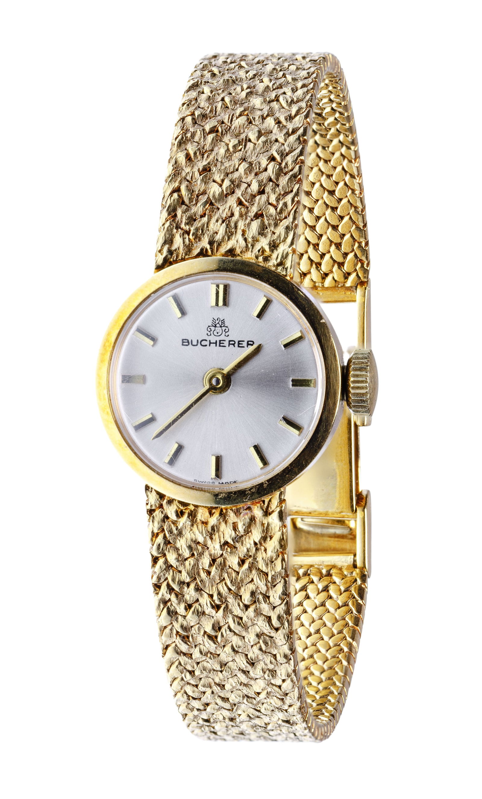 Bucherer 18k Yellow Gold Case and Band Wristwatch: Bucherer 18k Yellow Gold Case and Band Wristwatch Having a round face, stick indexes, sweep hand, integrated band, retaining original box and brochure (case marked '18k' on back, band marked '750' ins