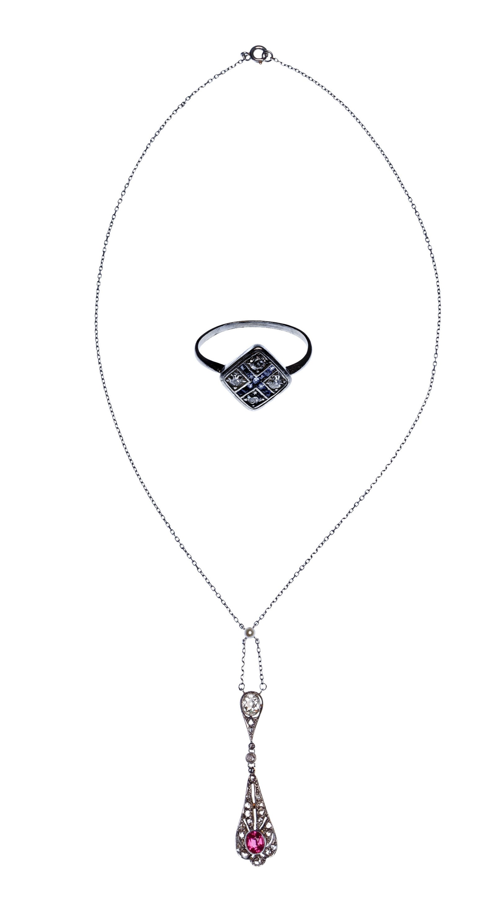 Platinum, White Gold and Diamond Ring and Necklace (1 of 1)