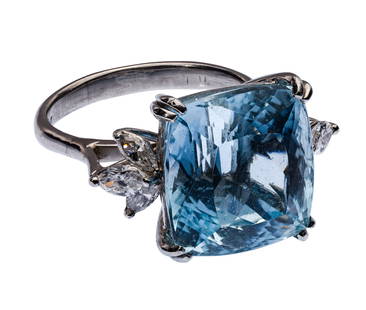 Platinum, Aquamarine and Diamond Ring: Platinum, Aquamarine and Diamond Ring Having a 15.25mm by 14.9mm cushion cut gemstone flanked by six marquise cut diamonds weighing approximately 1.04 carats, SI-VS clarity, G-H color (marked '5% RUTH
