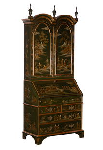 Baker Chinoiserie Secretary: Baker Chinoiserie Secretary Queen Anne style cabinet having gilt and color on black ground lacquered decoration depicting figures and structures in garden landscapes, brass pulls and locks (keys prese