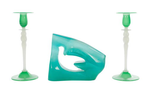 Daum and Steuben Glass Collection: Daum and Steuben Glass Collection Including an ocean blue, pate de verre modern sculpture illegibly signed, #161/200, block signed 'Daum' and a pair of jade green and alabaster glass candlesticks havi