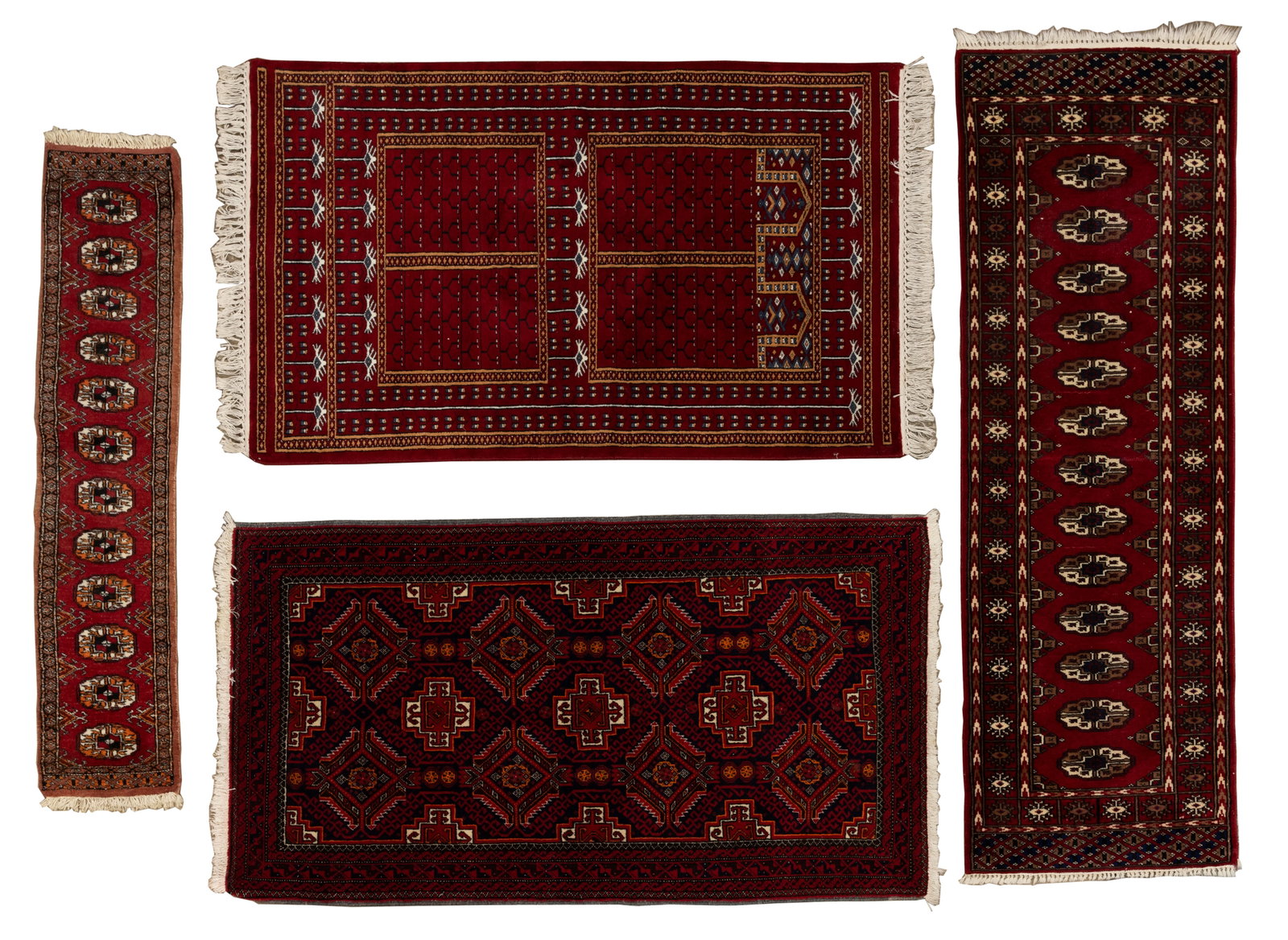 Persian Wool Rug Assortment: Persian Wool Rug Assortment (4) items, all having an abstract geometric design in hues of orange, blue and black on a wine field including (2) area rugs (smaller being 58 by 36-inches without fringe),