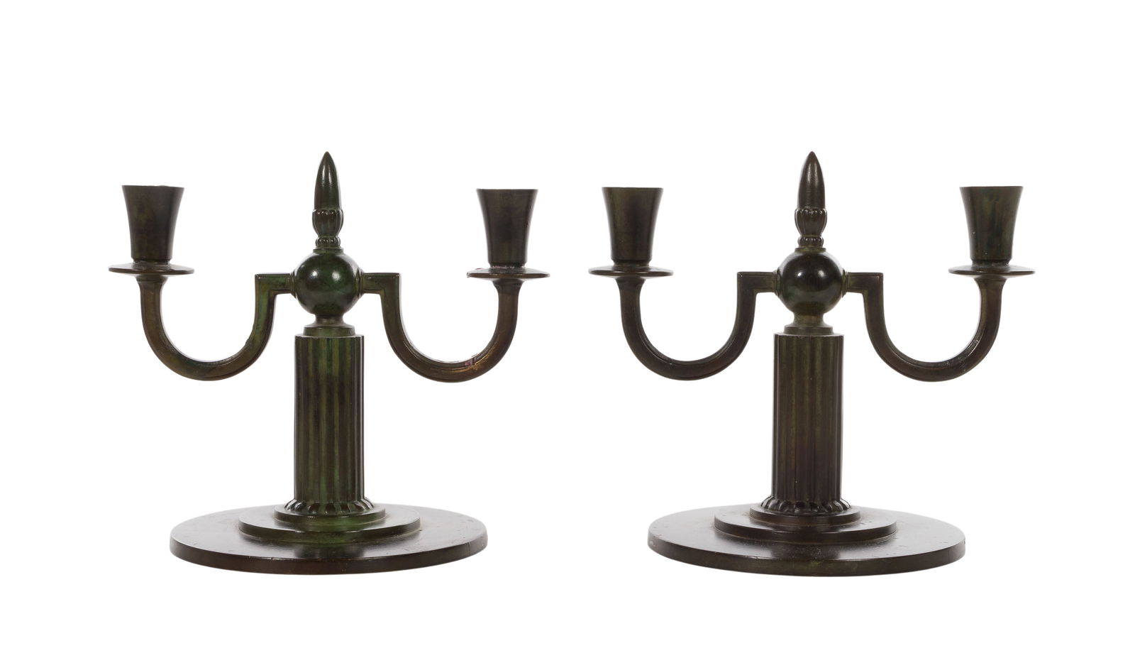 Jacob Angman (Swedish, 1876-1942) Bronze Candelabra: Jacob Angman (Swedish, 1876-1942) Bronze Candelabra Pair of two-light candelabra having column form stems and green patina Property from: a Private Collector, Elmhurst, Illinois Height: 7 1/2 inches,