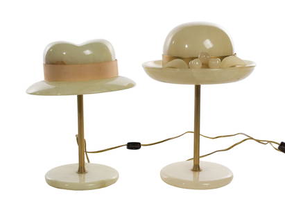 Italian Alabaster Hat Form Lamps: Italian Alabaster Hat Form Lamps (2) items, both having alabaster bases and brass standards supporting alabaster hat-form shades, the taller having a brass hatband with carved fruit and leaves on brim
