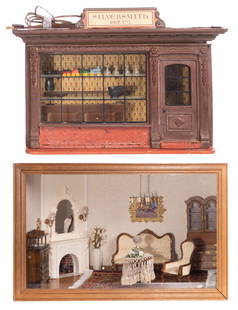 Eugene Kupjack Silversmith Miniature Room: Eugene Kupjack Silversmith Miniature Room Over (60) items including Kupjack wood and laminate 'Silversmith' store front diorama; together with a box having a sliding acrylic front containing another m