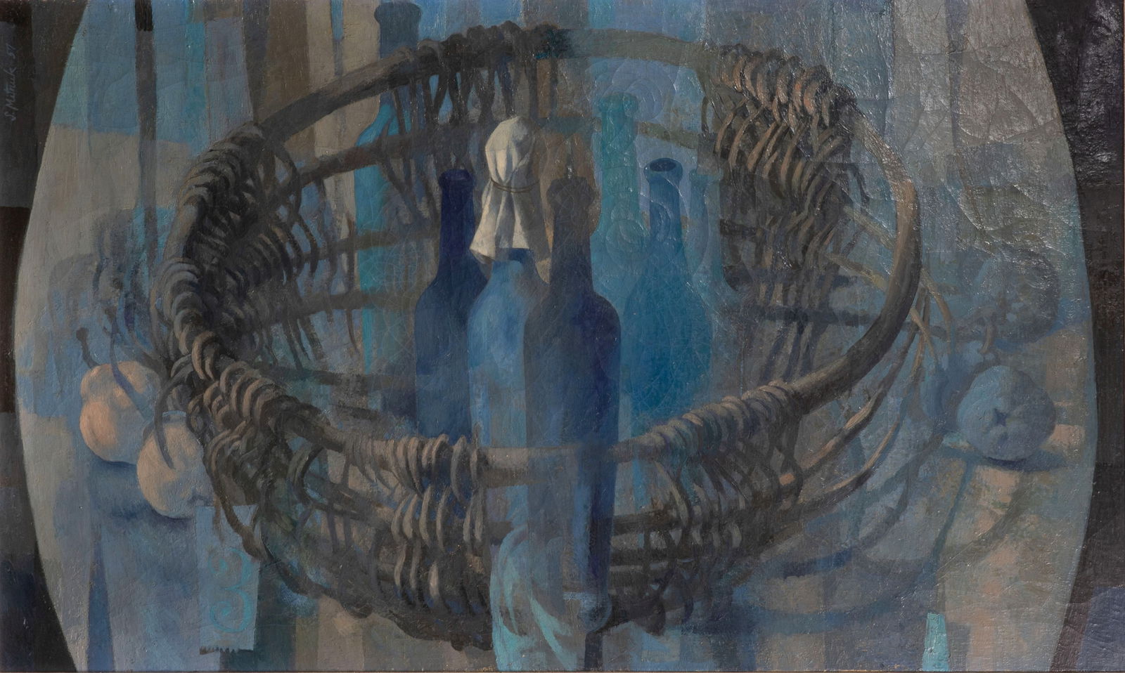 Stanley Mitruk (American, 1922-2006) 'Old Willow Basket and Bottles' Oil on Canvas (1 of 5)