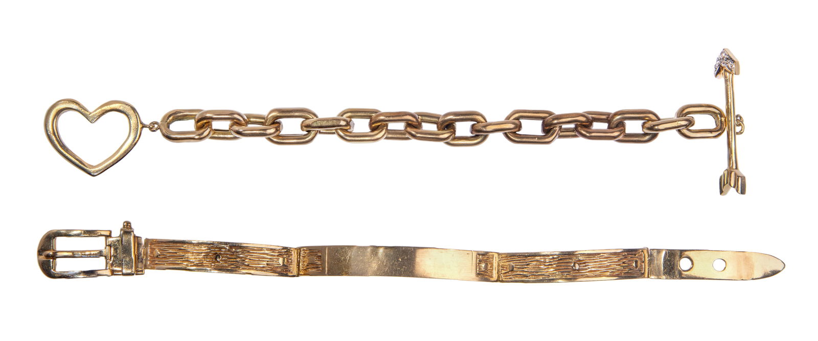 14k Yellow Gold Link Bracelets: 14k Yellow Gold Link Bracelets (2) items including an oval chain having a heart and arrow toggle closure with diamond accents and a link having a buckle closure (both marked '14k') Property from: a Pr