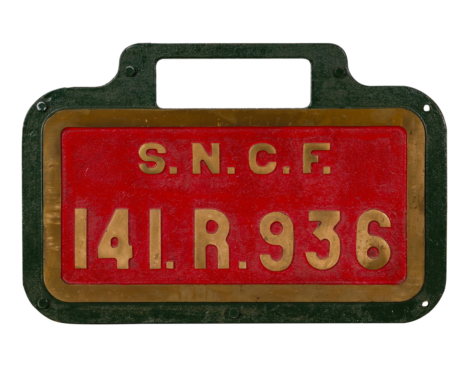 SNCF Brass Tenderplate 141.R.936: SNCF Brass Tenderplate 141.R.936 Cast brass plaque having a red field with raised lettering Property from: The Estate of Thomas ('Tom') Jones, Wilton, Connecticut Height: 12 inches, Width: 22 inches C